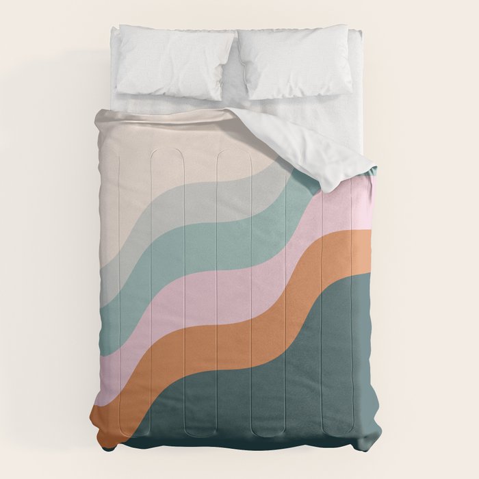 Abstract Diagonal Waves In Teal, Terracotta, And Pink Comforter
