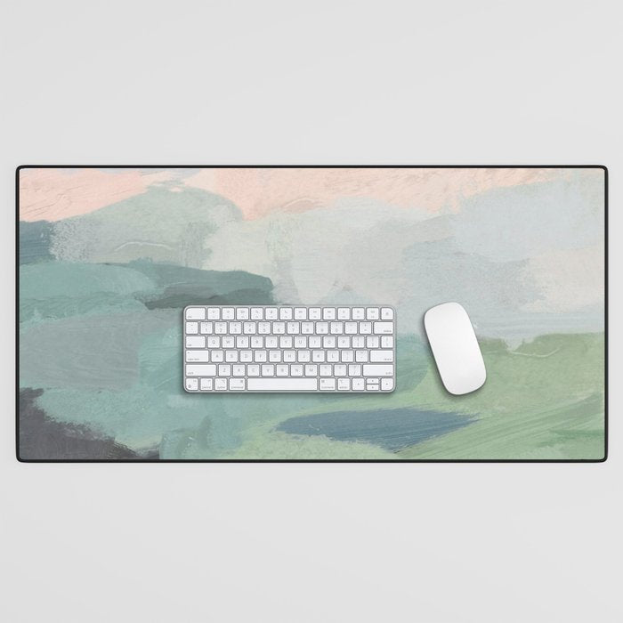 Farmland Sunset Ii - Seafoam Green Mint Black Blush Pink Abstract Nature Land Art Painting Desk Mat