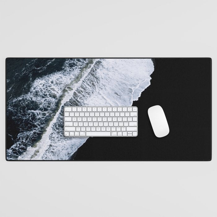 Waves Crashing On A Black Sand Beach Minimal Landscape Photography Desk Mat