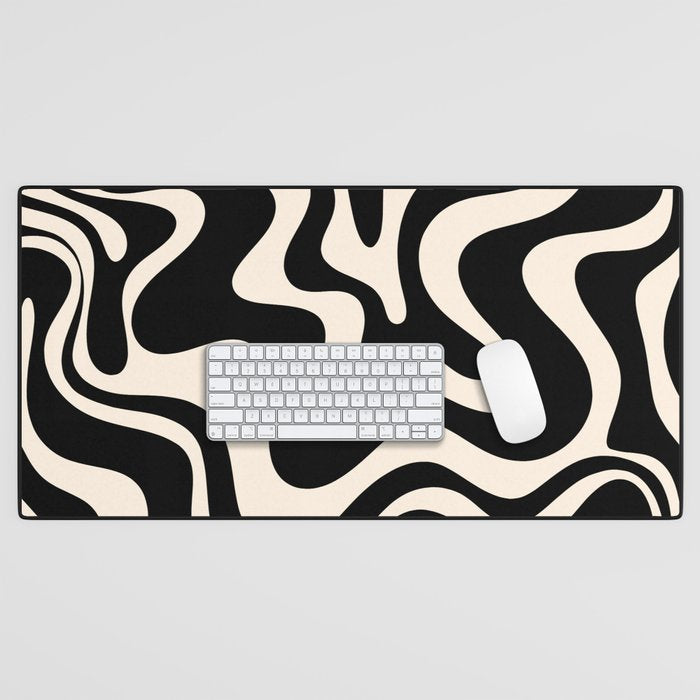 Retro Liquid Swirl Abstract Pattern 3 In Black And Almond Cream Desk Mat