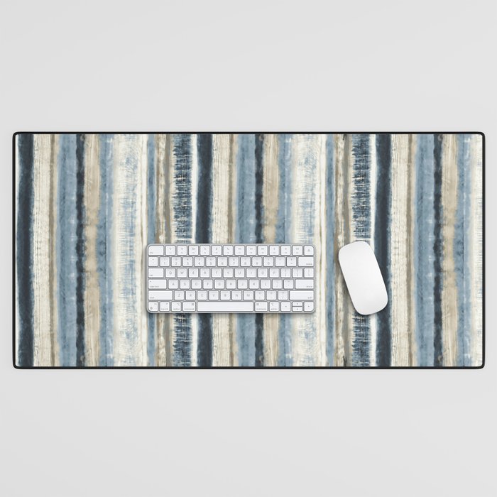 Distressed Blue And White Watercolor Stripe Desk Mat