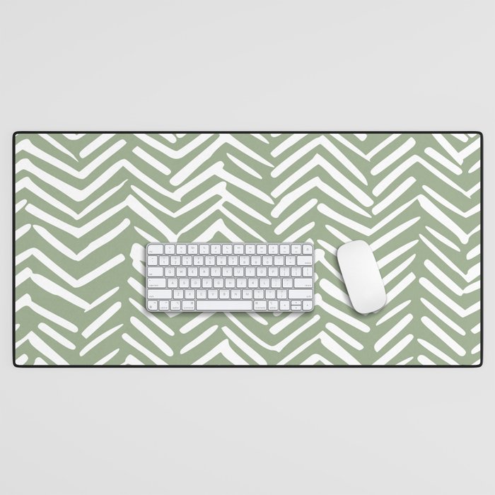 Boho, Abstract, Herringbone Pattern, Sage Green And White Desk Mat