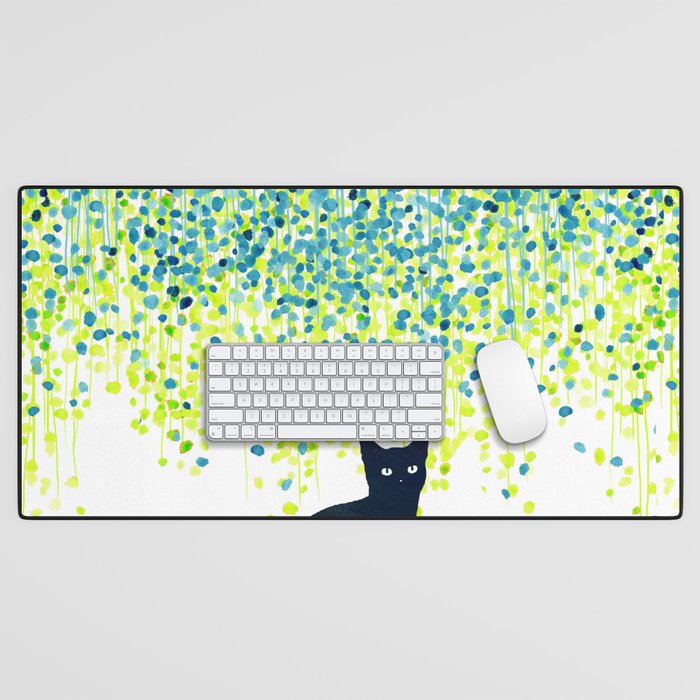 Cat In The Garden Under Willow Tree Desk Mat