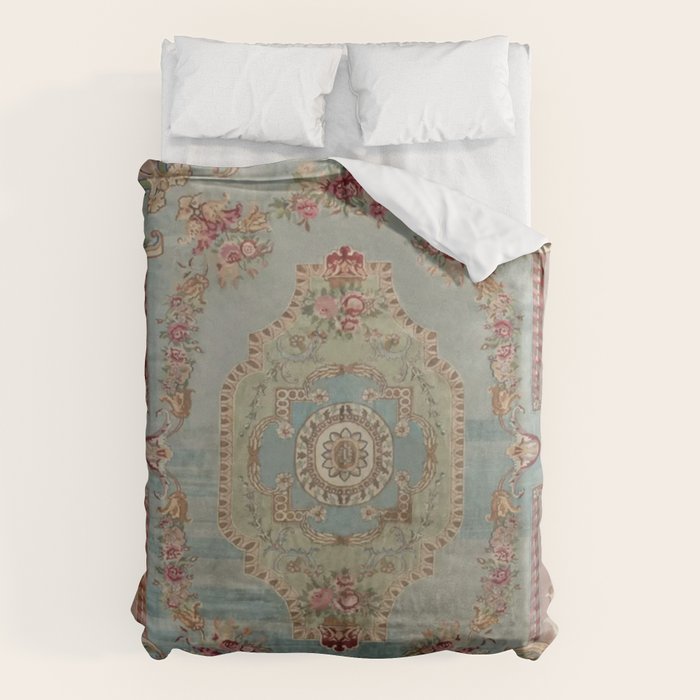 Antique French Rose Blue Aubusson  Duvet Cover