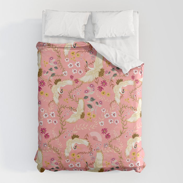 Chinoiserie Cranes On Pink, Birds, Flowers, Duvet Cover