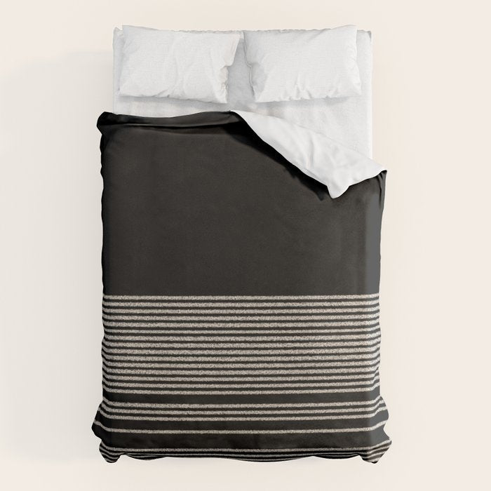 Organic Stripes - Minimalist Textured Line Pattern In Almond Cream And Black Duvet Cover