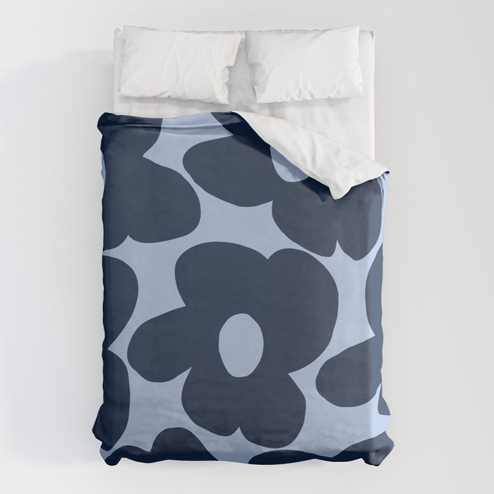 Large Dark Blue Retro Flowers Baby Blue Background #Decor #Homestorie #Buyart Duvet Cover
