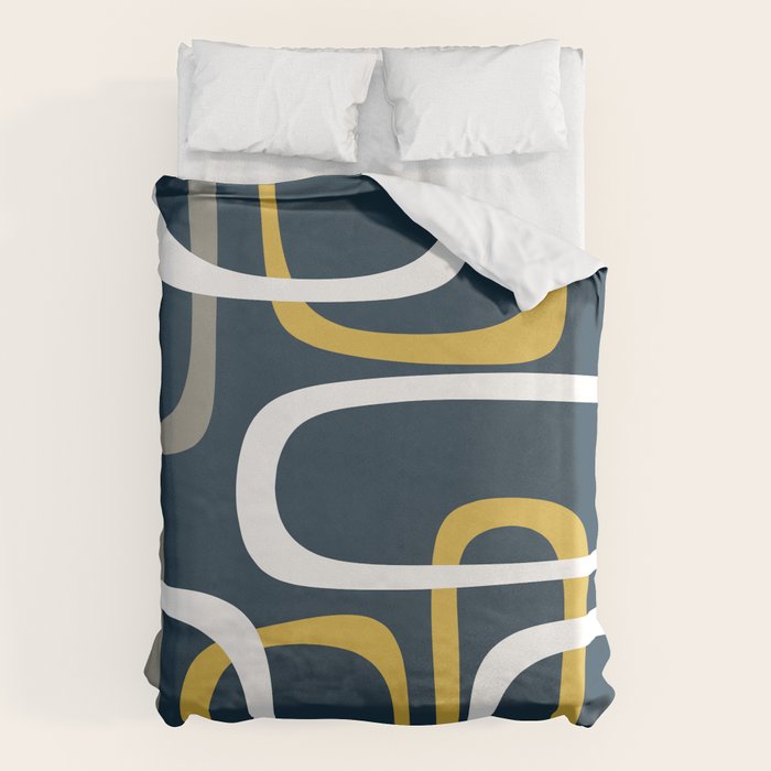 Mid Century Modern Loops Pattern In Light Mustard Yellow, Navy Blue, Gray, And White Duvet Cover