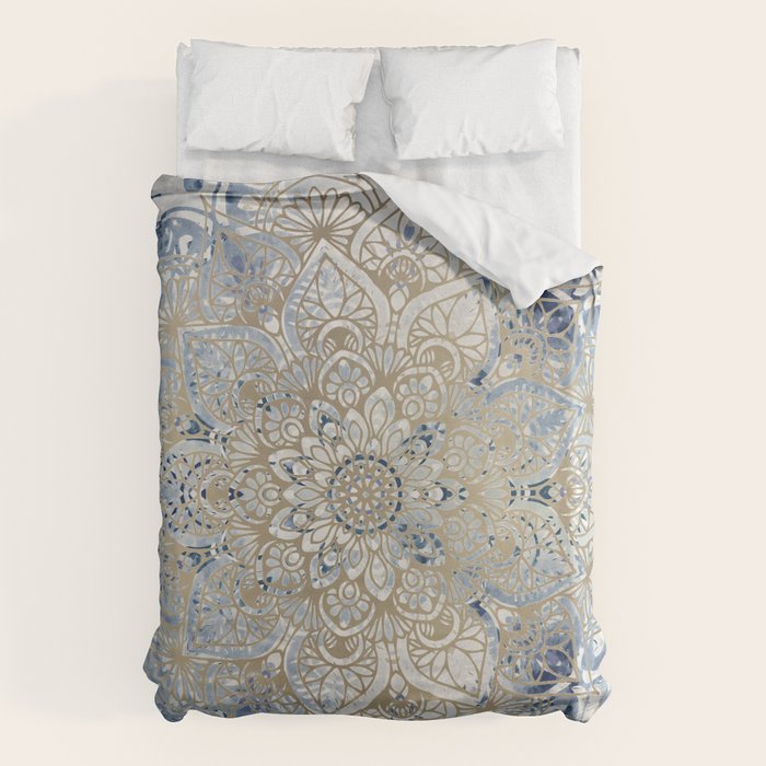 Mandala Flower, Blue And Gold, Floral Prints Duvet Cover