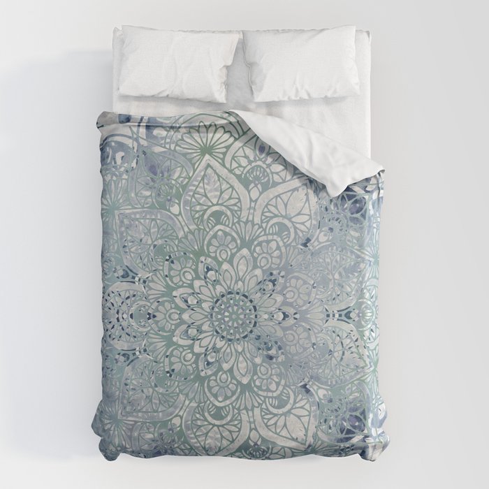 Yoga, Mandala, Green And Blue, Wall Art Boho Duvet Cover