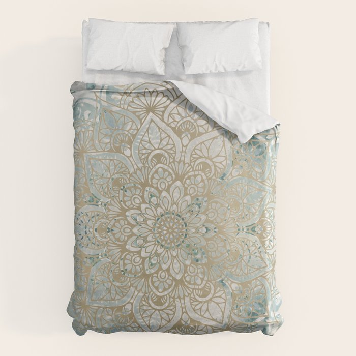 Yoga, Mandala, Teal And Gold, Wall Art Boho Duvet Cover
