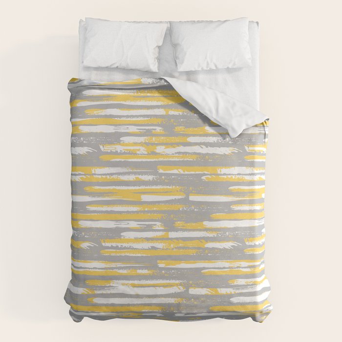 Colorful Stripes, Abstract Art, Yellow And Gray Duvet Cover