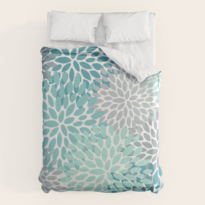 Floral Pattern, Aqua, Teal, Turquoise And Gray Duvet Cover