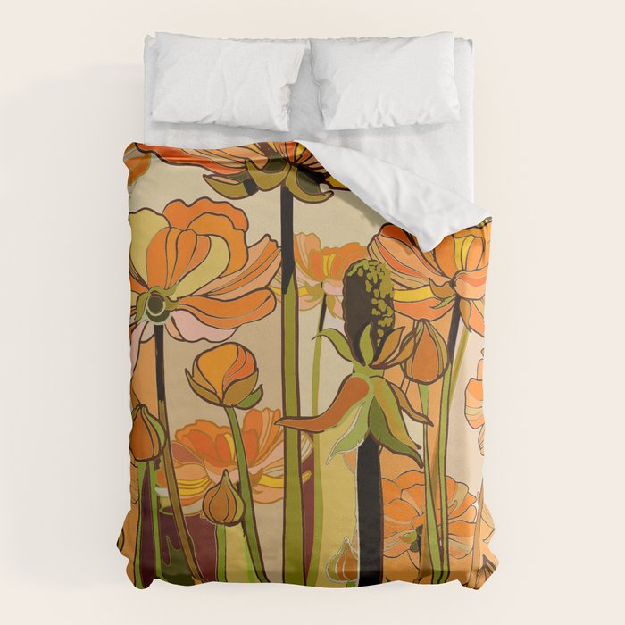 70s, Orange California Poppies, Mid Century, 70s Retro, Flowers Duvet Cover