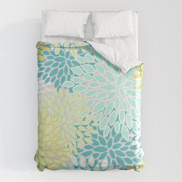Floral Prints, Teal, Turquoise And Yellow Duvet Cover