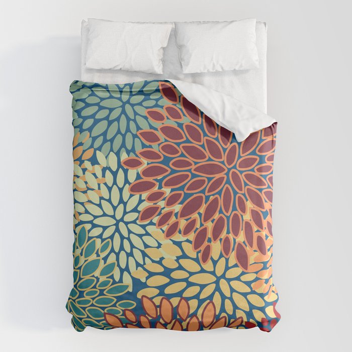Festive Floral Prints, Red, Teal, Yellow, Orange, Colourful Prints Duvet Cover