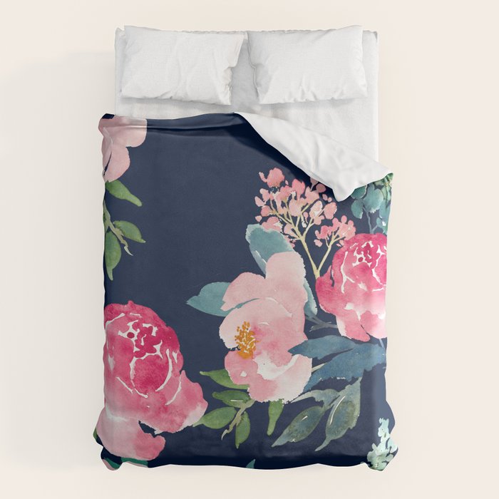 Navy And Pink Watercolor Peony Duvet Cover