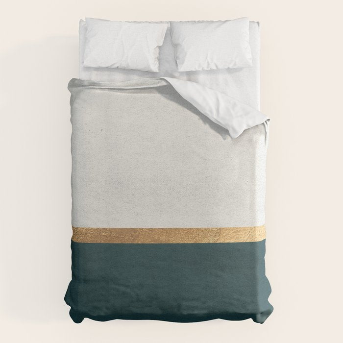 Deep Green, Gold And White Color Block Duvet Cover