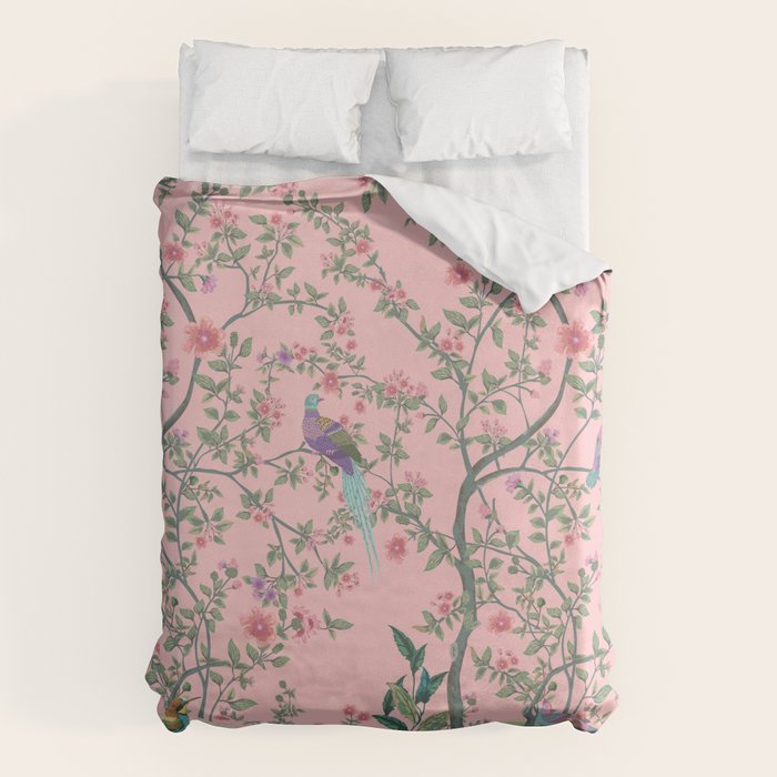 Chinoiserie Pink Fresco Floral Garden Birds Oriental Botanical Duvet Cover