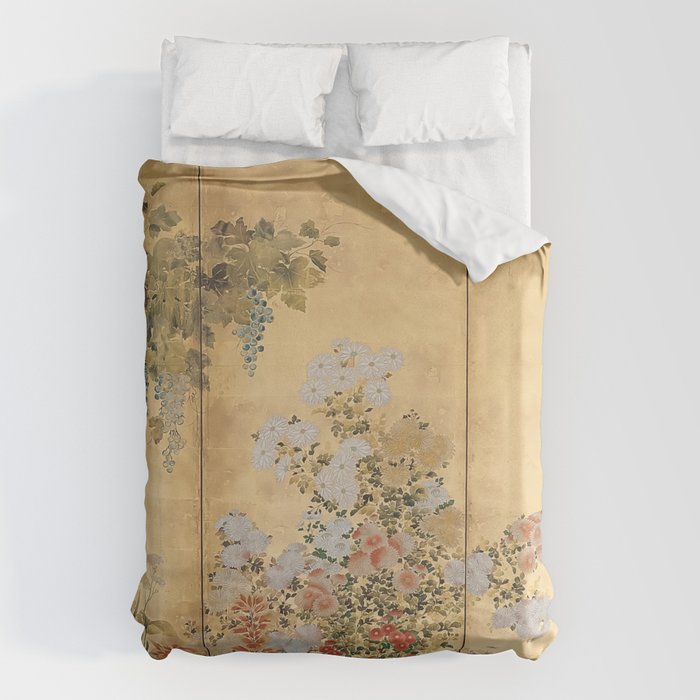 Japanese Edo Period Six-Panel Gold Leaf Screen - Spring And Autumn Flowers Duvet Cover