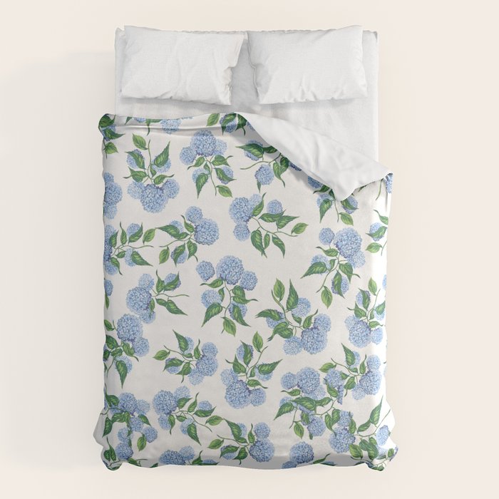 Hydrangea Blue Flowers, Botanicals, Blue And White Floral Duvet Cover