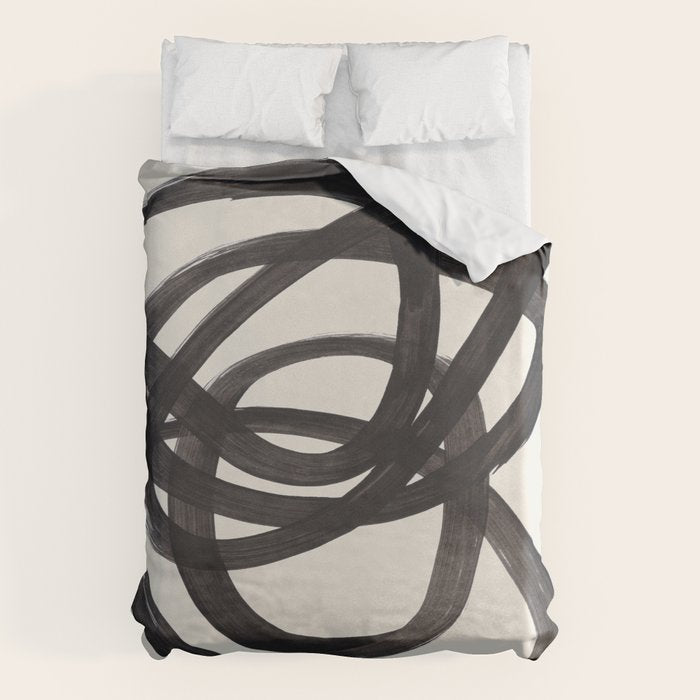 Mid Century Modern Minimalist Abstract Art Brush Strokes Black & White Ink Art Spiral Circles Duvet Cover