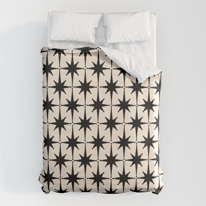 Midcentury Modern Atomic Age Starburst Pattern In Black And Almond Cream Duvet Cover
