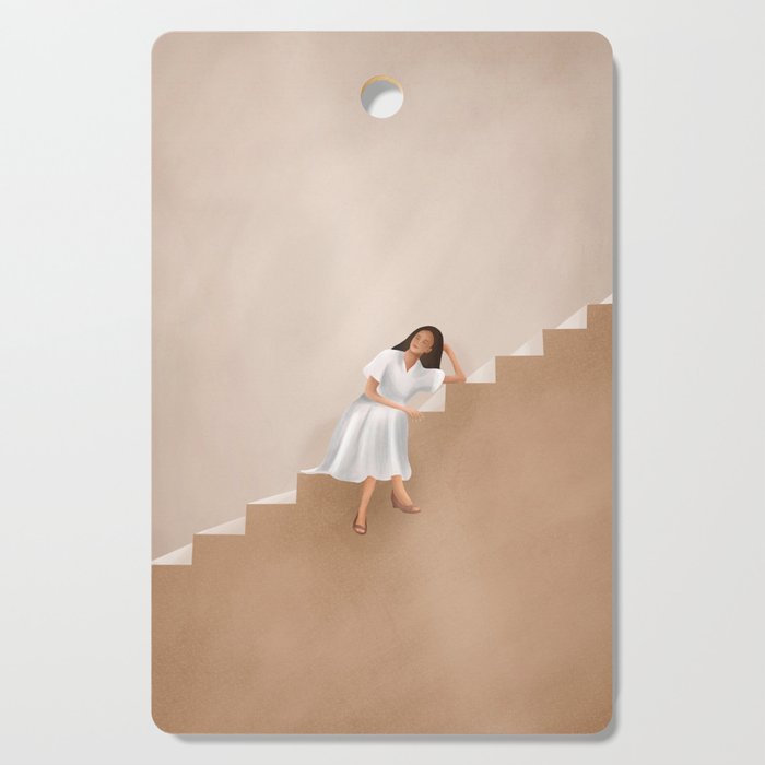 Girl Thinking On A Stairway Cutting Board