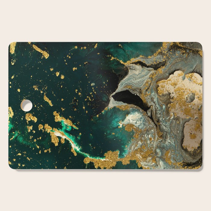 Abstract Pour Painting Liquid Marble Abstract Dark Green Painting Gold Accent Agate Stone Layers Cutting Board