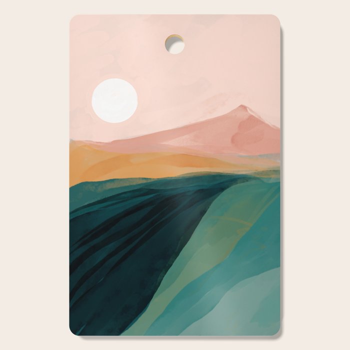 Pink, Green, Gold Moon Watercolor Mountains Cutting Board
