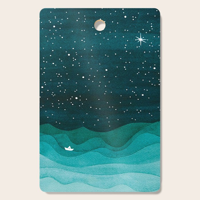Starry Ocean, Teal Sailboat Watercolor Sea Waves Night Cutting Board