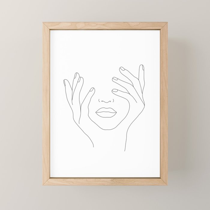 Minimal Line Art Woman With Hands On Face Mini Art Print