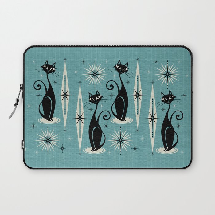 Mid Century Meow Retro Atomic Cats On Blue Laptop Sleeve