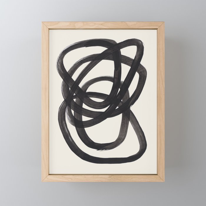 Mid Century Modern Minimalist Abstract Art Brush Strokes Black & White Ink Art Spiral Circles Mini Art Print