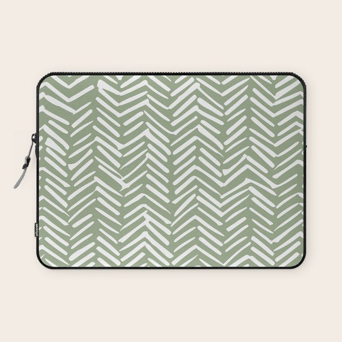 Boho, Abstract, Herringbone Pattern, Sage Green And White Laptop Sleeve