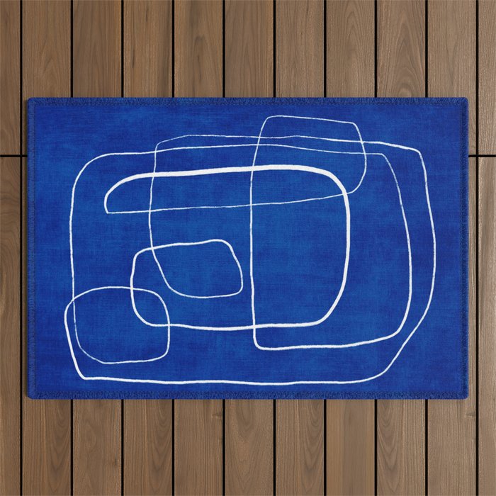 White Line Art Cobalt Blue Background Neon Look Outdoor Rug