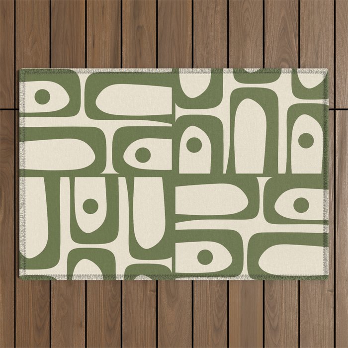 Mid Century Modern Abstract Piquet Pattern In Olive Green And Cream Outdoor Rug
