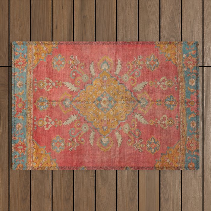 Antique Warm Coral Red & Burnt Orange Turkish Oushak Rug Print Outdoor Rug