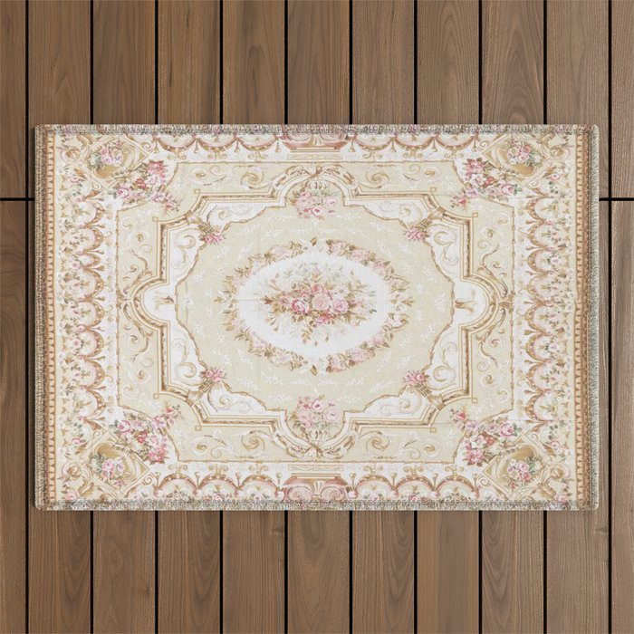 Antique French 19th Century Aubusson Rose Floral Outdoor Rug