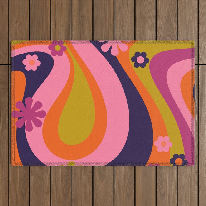 Too Groovy Retro Abstract Flower Power Pattern In Pink Lime Orange Magenta Blue Outdoor Rug