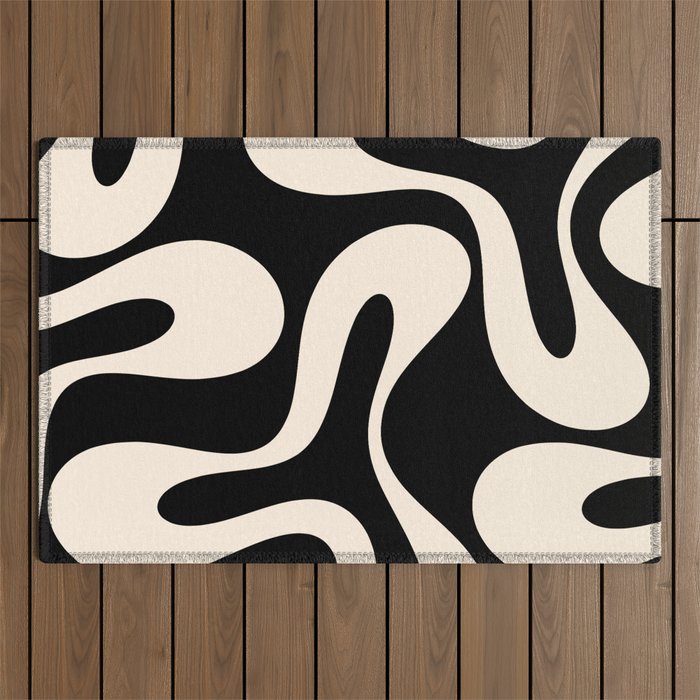 Soft Curves Retro Modern Abstract Pattern In Black And Almond Cream Outdoor Rug