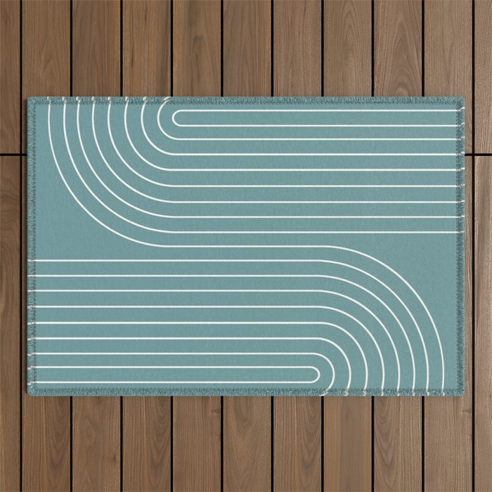 Minimal Line Curvature Lxxxvi Beachy Teal Mid Century Modern Arch Abstract Outdoor Rug