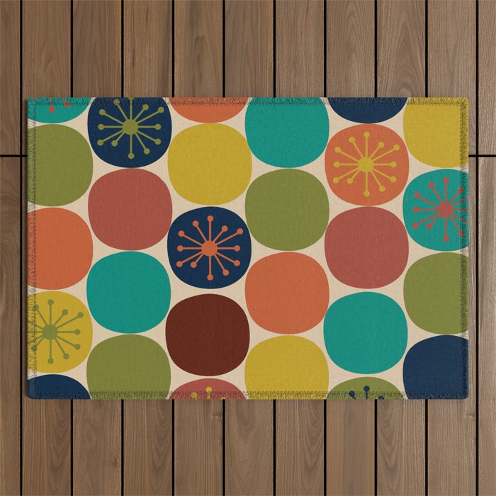 Midcentury Modern Atomic Dot Semi Pattern In Mustard, Olive, Orange, Turquoise, Blue, And Beige Outdoor Rug