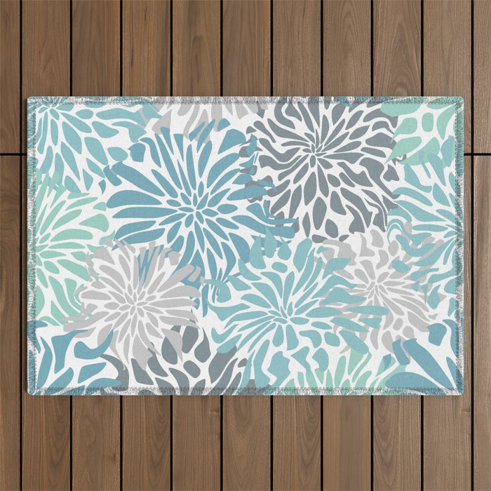 Chic, Flowers Print, Teal, Aqua, Gray Outdoor Rug