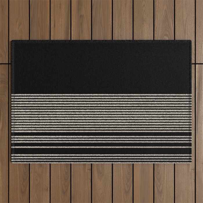 Organic Stripes - Minimalist Textured Line Pattern In Almond Cream And Black Outdoor Rug