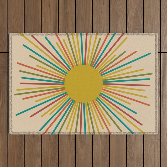 Mid-Century Modern Sunburst - Minimalist Abstract Sun In Mid Mod Mustard, Orange, Olive, Blue, And Beige Outdoor Rug