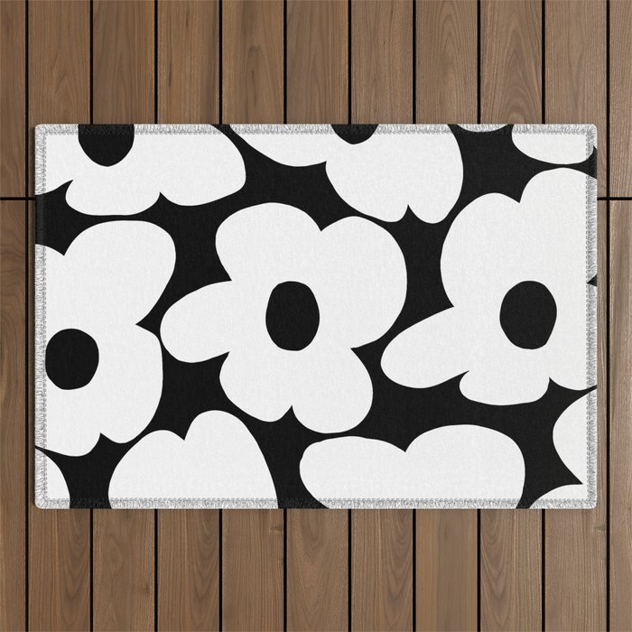 White Retro Flowers Black Background #Decor #Homestorie #Buyart Outdoor Rug
