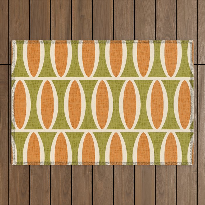 Retro Vintage 1950s Style Geometric Oval Pattern 228 Googie Orange Olive Green Outdoor Rug