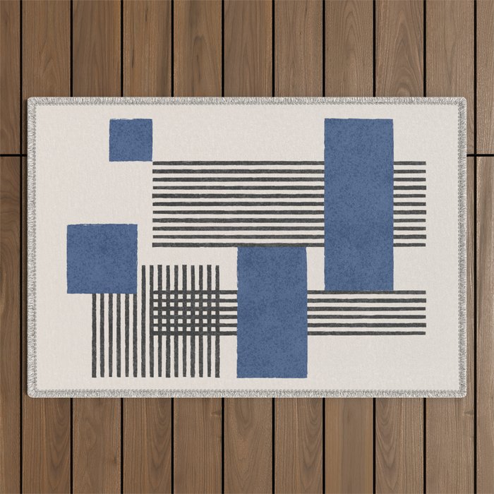 Stripes And Square Blue Composition - Abstract Outdoor Rug