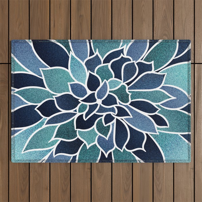 Festive, Flower Bloom, Navy Blue And Teal Outdoor Rug